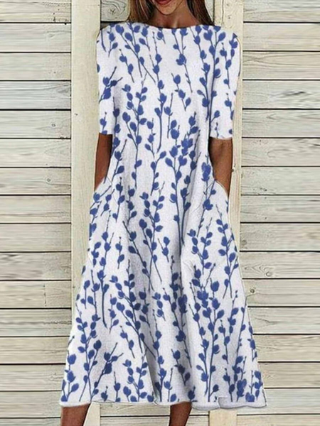 

Women Floral Crew Neck Half Sleeve Comfy Casual Printing Maxi Dress, White, Dresses