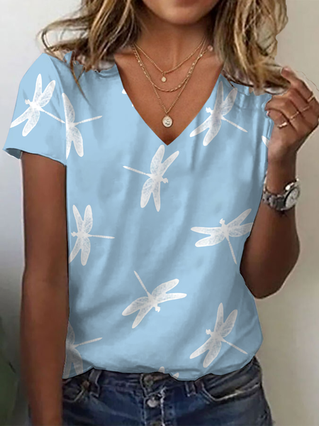 

Women Dragonfly Short Sleeve Tee T-shirt V Neck Printing Casual Summer Graphic Tee Top, Blue, T-Shirts