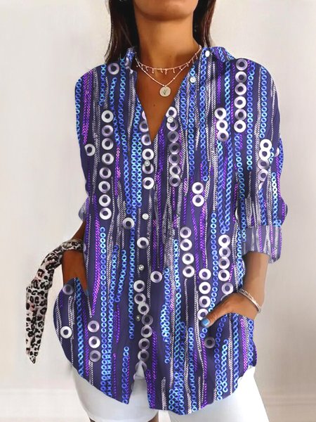 

Shirt Collar Long Sleeve Geometric Regular Micro-Elasticity Regular Fit Shirt For Women, Purple, Shirts