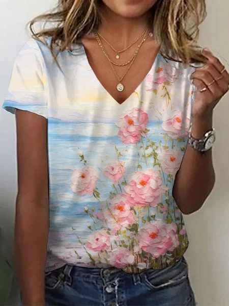 

Women Floral Short Sleeve Tee T-shirt V Neck Printing Casual Summer Graphic Tee Top, As picture, T-Shirts