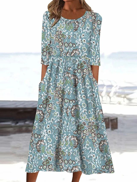 

Women Floral Crew Neck Half Sleeve Comfy Casual Printing Maxi Dress, Blue, Dresses