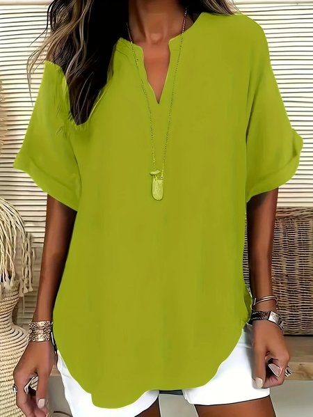 

Loose Shawl Collar Cotton Simple Blouse, Yellow, Blouses & Shirts