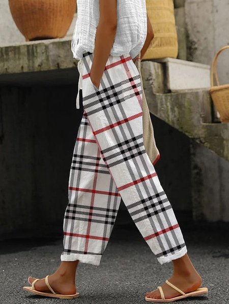 

Women Plaid Long Pant Casual Spring/Fall Trousers, White, Pants