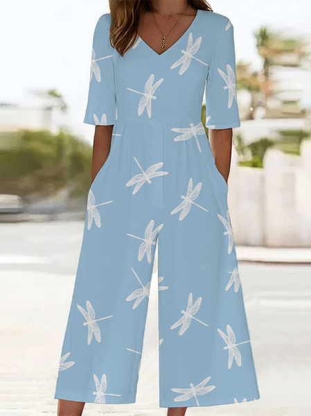 

Women Dragonfly V Neck Half Sleeve Casual Summer Jumpsuit, Blue, Jumpsuits＆Rompers