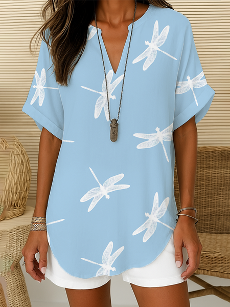 

Women Dragonfly Short Sleeve Shirt Summer Printing V Neck Daily Casual Top, Blue, Shirts
