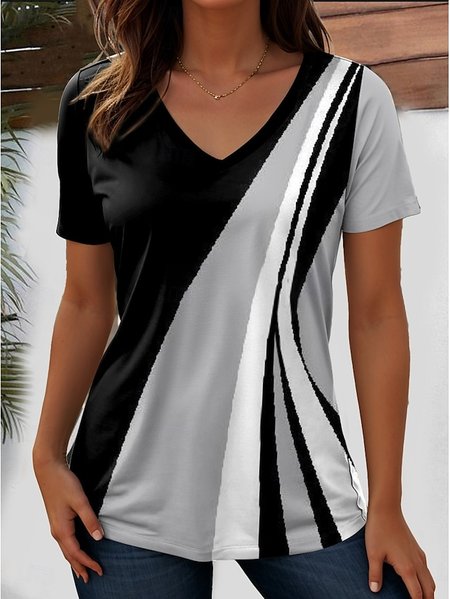 

Casual Striped V Neck Short Sleeve T-shirt, As picture, T-shirts