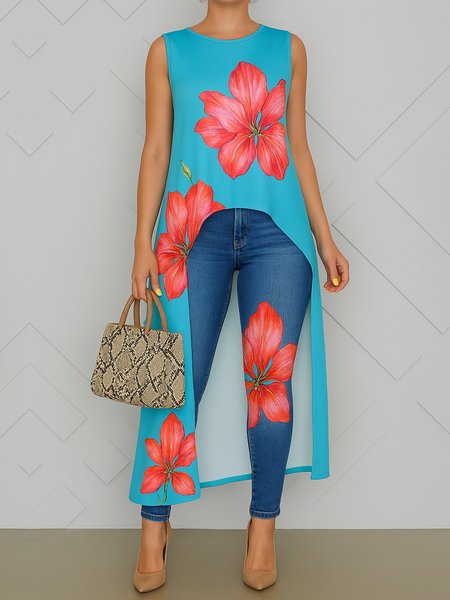

Casual Floral Printing Crew Neck Tank Top, Blue, Tanks and Camis