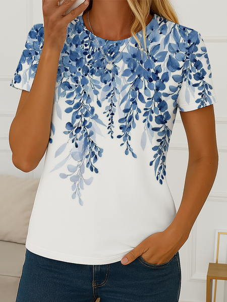 

Women Floral Short Sleeve Tee T-shirt Crew Neck Printing Casual Summer Graphic Tee Top, White, T-Shirts