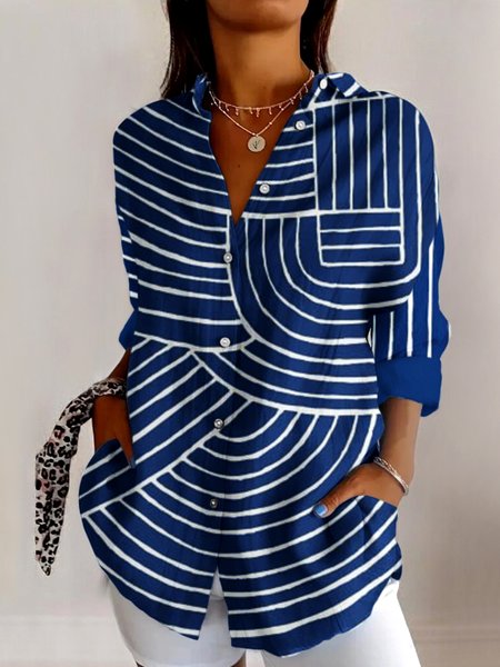 Shirt Collar Long Sleeve Geometric Regular Micro-Elasticity Regular Fit Shirt For Women, Blue, Shirts