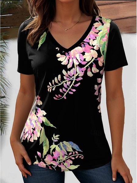 Women Floral Short Sleeve Tee T-shirt V Neck Casual Summer Top, As picture, T-Shirts