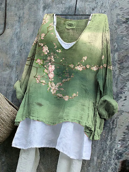 

Vintage Floral V Neck Long Sleeve T-shirt, As picture, T-shirts