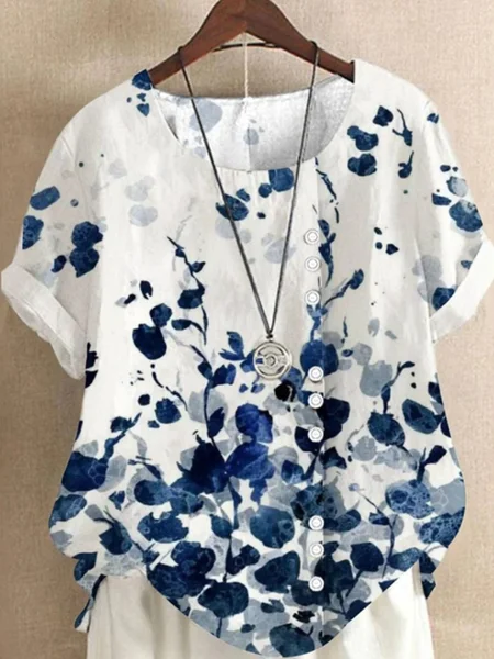 

Crew Neck Short Sleeve Floral Art Print Casual Comfy Blouse For Women, White, Blouses