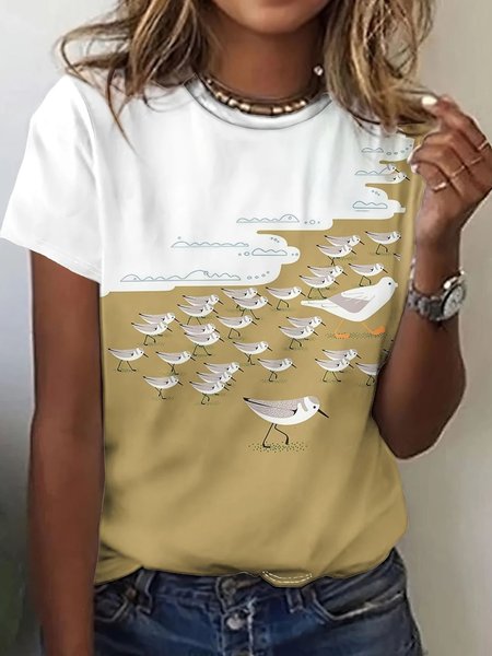 

Vintage Beach Seagull Pattern Crew Neck Short Sleeve Comfy T-shirt, White, T-shirts