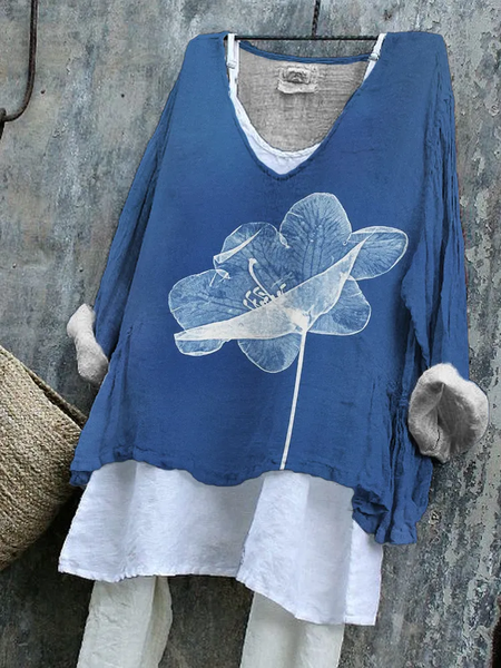 

Vintage Floral V Neck Long Sleeve T-shirt, As picture, T-shirts