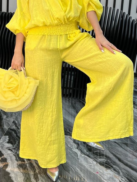 

Urban Plain Cotton And Linen Wide Leg Fashion Pants, Yellow, Pants