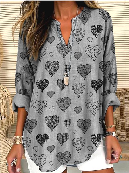 V Neck Long Sleeve Geometric Regular Micro-Elasticity Regular Fit Shirt For Women, Gray, Shirts