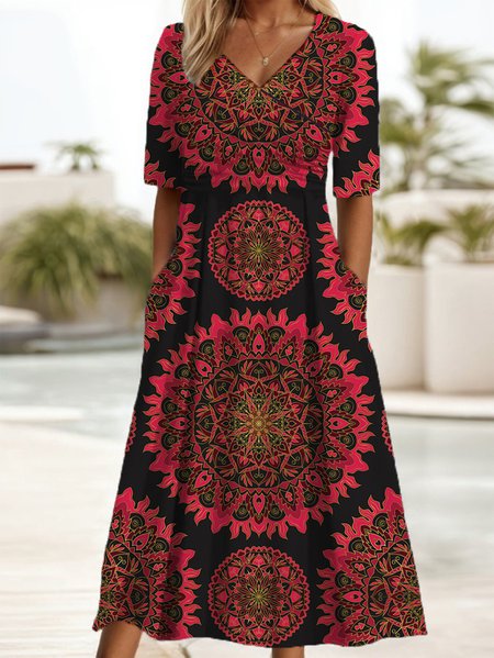 Women's Short Sleeve Summer Ethnic Dress V Neck Daily Going Out Casual Maxi A-Line, Red, Dresses