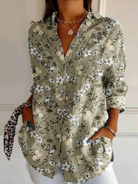 Shirt Collar Long Sleeve Floral Regular Micro-Elasticity Regular Fit Shirt For Women, As picture, Blouses