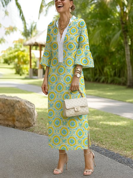 

Vacation Ethnic Geometry Printing Stand Collar Midi Dress, Green, Midi Dresses