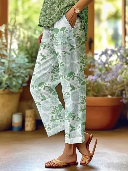 

Casual Cotton Floral Plants Art Print Comfy Long Pants, Green, Pants