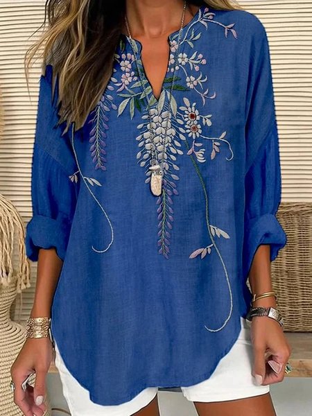 

Shawl Collar Half Sleeve Floral Regular Loose Blouse For Women, Blue, Blouses
