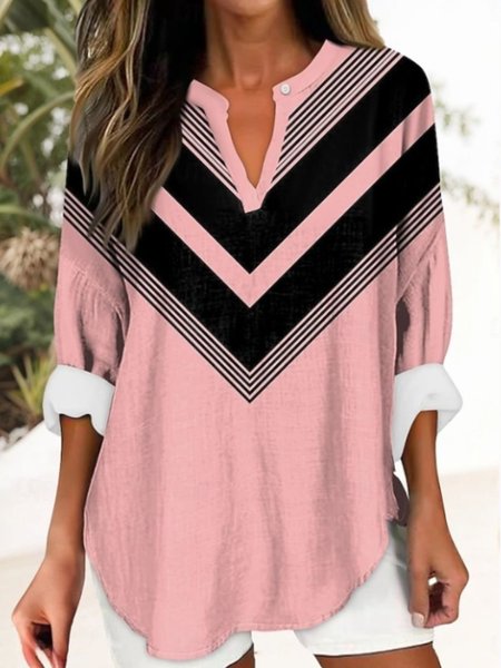 

Shawl Collar Half Sleeve Geometric Printing Loose Comfy Blouse For Women, Pink, Blouses