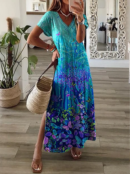 

Women Floral V Neck Short Sleeve Comfy Casual Printing Maxi Dress, As picture, Dresses