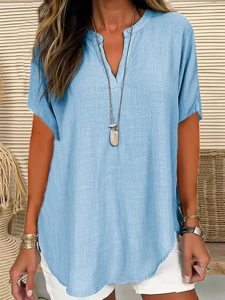 Simple Shawl Collar Loose Blouse, Light blue, Blouses & Shirts