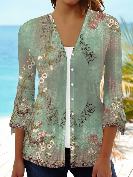 

Women Floral Spring/Fall Cover-up Casual Printing Lightweight Cardigan, Green, Cardigans