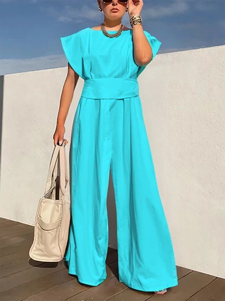 

Casual Raglan Sleeves Plain Crew Neck Jumpsuit, Blue, Jumpsuits