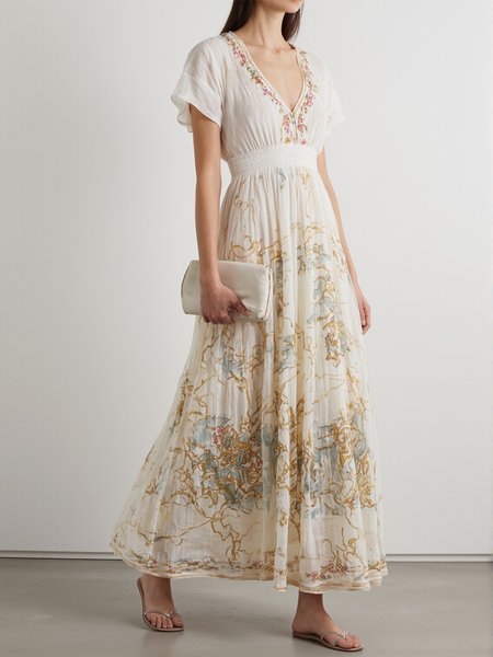 

Vacation Floral Printing V Neck Short Sleeve Maxi Dress, As picture, Maxi Dresses
