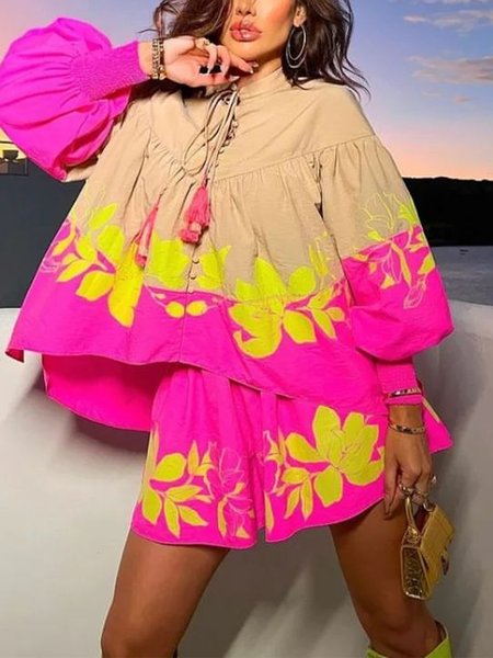 Elegant Floral Printing Stand Collar Balloon Sleeve Shirt, As picture, Blouses and Shirts