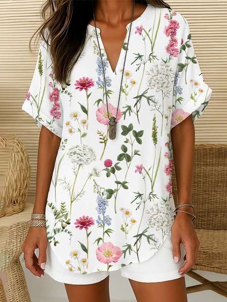 

Women's Floral Print Casual V-Neck Short Sleeve Shirt, White, Blouses & Shirts