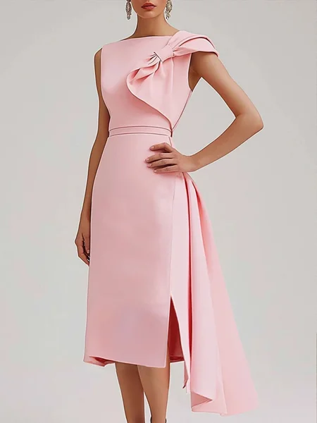 

Elegant Plain Bow Asymmetrical Midi Dress, Pink, Maxi Dresses