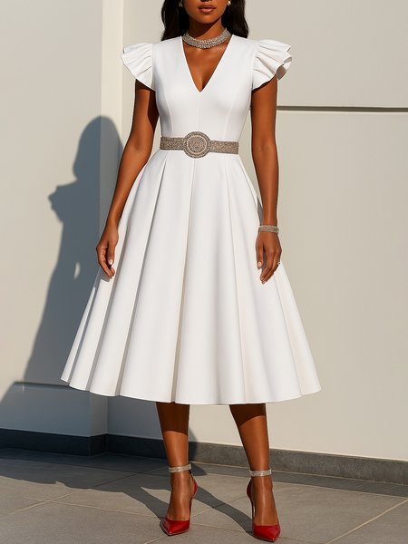 

Elegant Plain Ruffle Sleeve V Neck Midi Dress No Belt, White, Midi Dresses