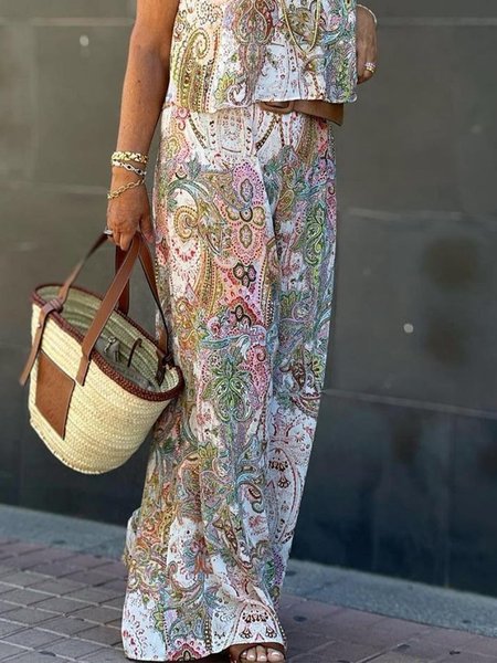 

Casual Ethnic Printing Wide Leg Pants, As picture, Pants