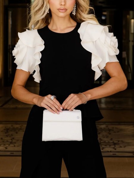 

Elegant Color Block 3D Floral Crew Neck Blouse, Black-white, Blouses and Shirts