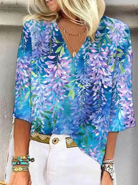 

Shawl Collar Half Sleeve Floral Regular Loose Blouse For Women, Blue, Blouses