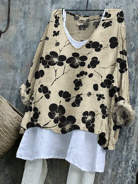 

Vintage Floral V Neck Long Sleeve T-shirt, Black, T-shirts