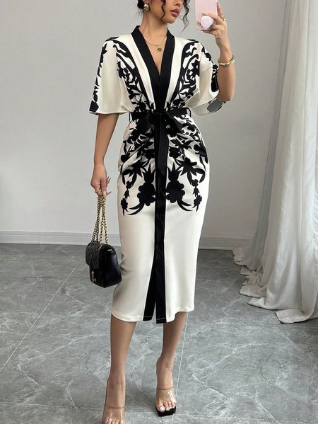 

Plus Size Elegant Floral Printing V Neck Midi Dress With Belt, Black-white, Plus Dresses