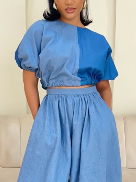 

Casual Color Block Split Joint Crew Neck Balloon Sleeve Denim Top, Denim blue, Blouses and Shirts