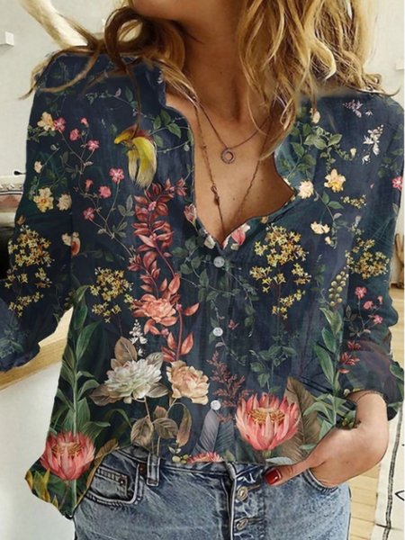 

Women Floral Art Print Long Sleeve Comfy Cotton Shirt For Women, Black, Shirts
