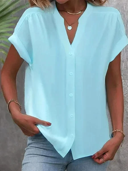 

Women's Short Sleeve Shirt Summer White Plain Buckle V Neck Daily Going Out Casual Top, Blue, Blouses