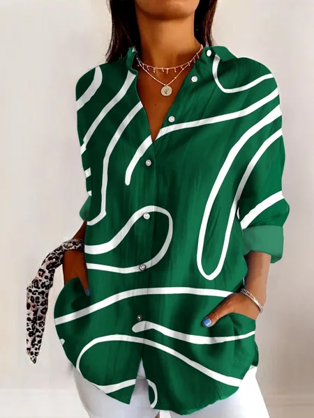 Shirt Collar Long Sleeve Geometric Regular Micro-Elasticity Regular Fit Shirt For Women, Green, Shirts