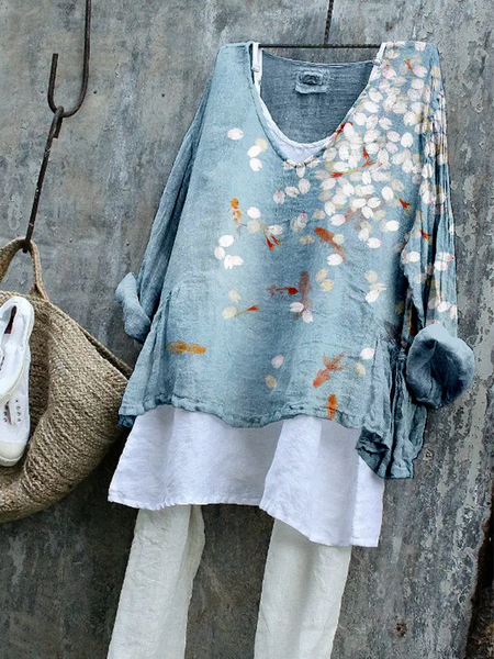 

Vintage Floral V Neck Long Sleeve T-shirt, As picture, T-shirts