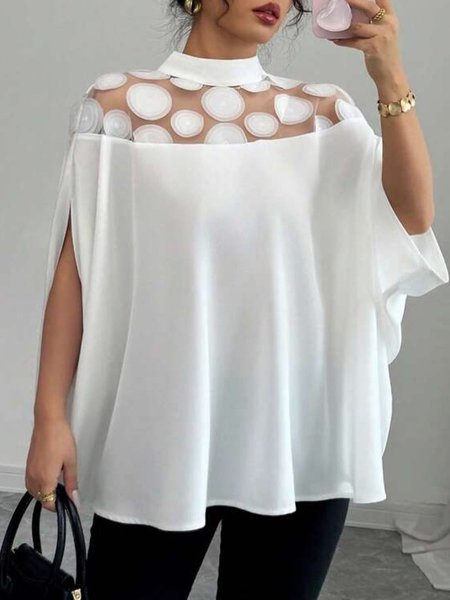 

Urban Plain Split Joint Mesh Stand Collar Raglan Sleeves Blouse, White, Blouses and Shirts