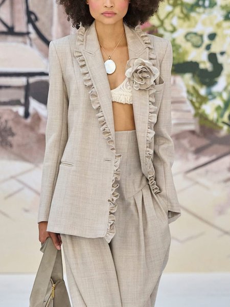 

Linen blend Urban Plain Lapel Collar Blazer With Flower Brooch, Apricot, Blazers