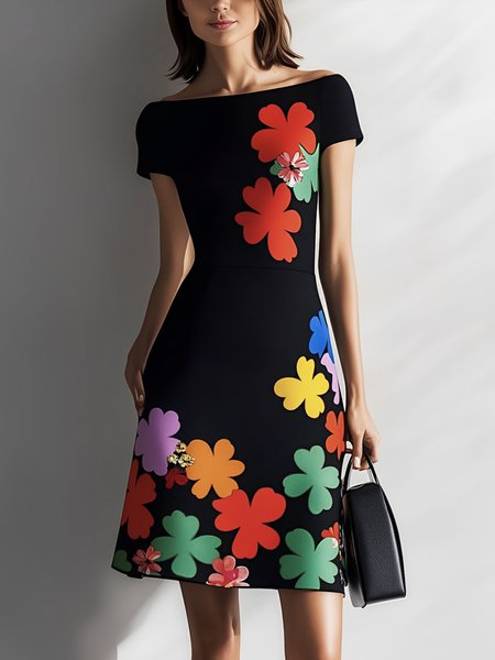 

Elegant Floral Printing Boat Neck Mini Dress, Black, Mini Dresses