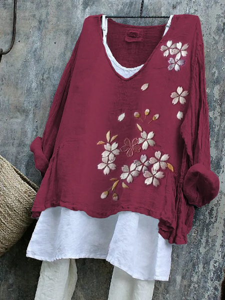 

Women Floral V Neck Vintage Long Sleeve T-shirt, As picture, Long Sleeves