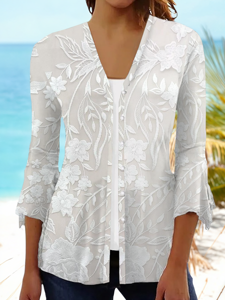 

Women Floral Spring/Fall Cover-up Casual Printing Lightweight Cardigan, White, Cardigans